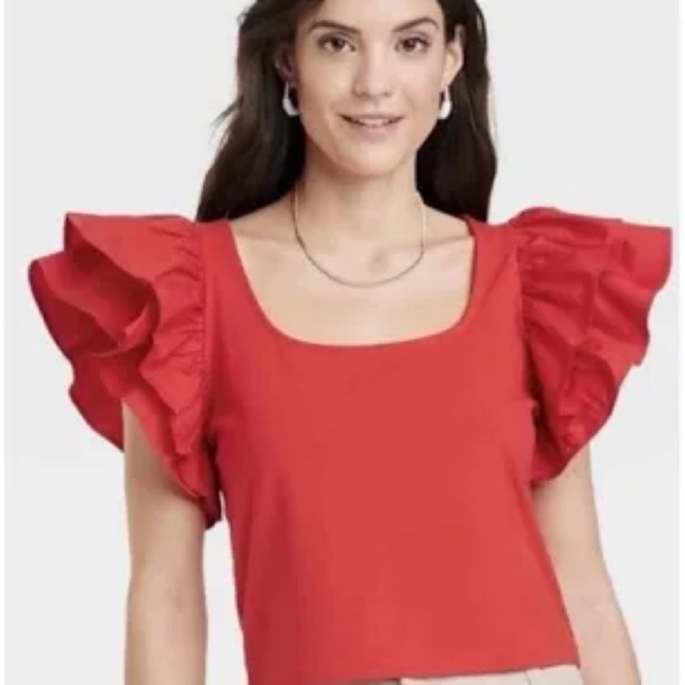 a new day Red Ruffle Sleeve Square Neck Crop Top
